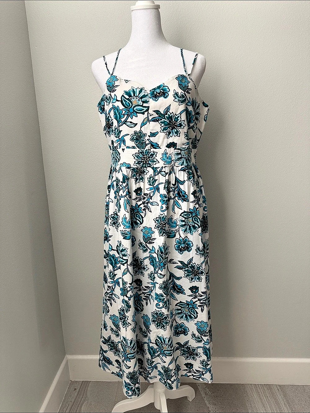 Ann Taylor Floral Midi Dress in White & Blue Size 6 Like New